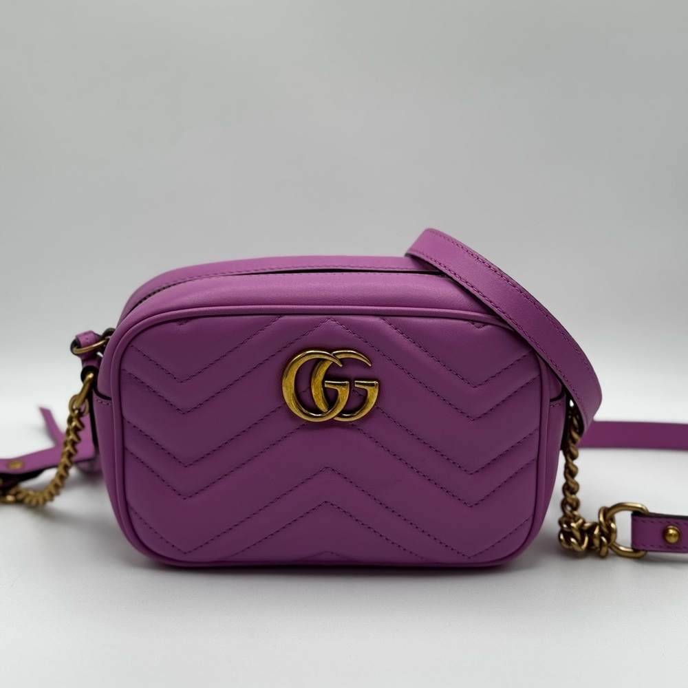 Gucci Calfskin Matelasse Mini GG Marmont Chain Shoulder Bag Candy Mousse